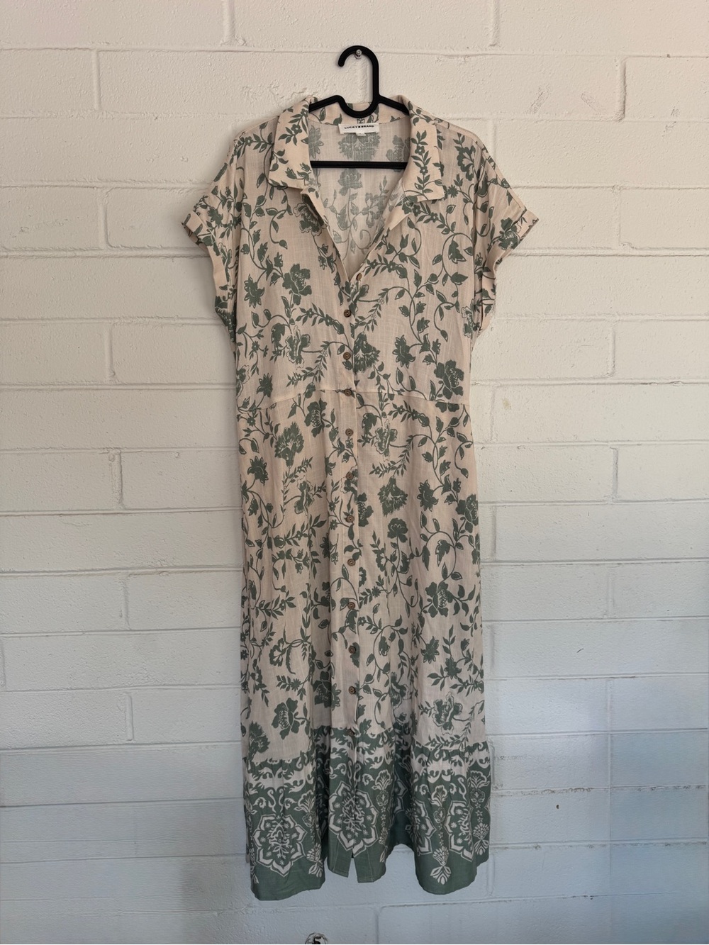 Lucky Brand Relaxed Beige Sage Floral Shirt Dress Midi Button Front Belted L - Picture 4 of 10